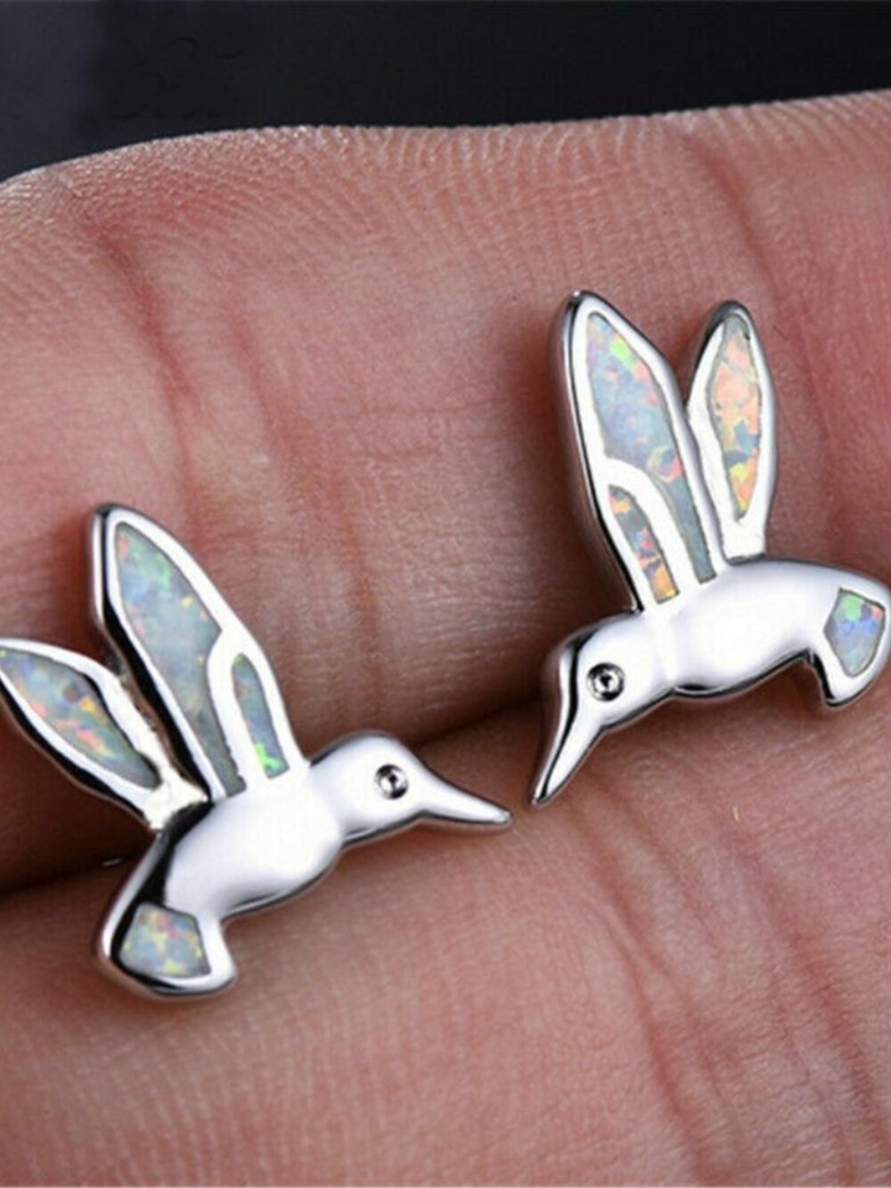 New - Hummingbird White Fire Opal Silver Stud Earrings